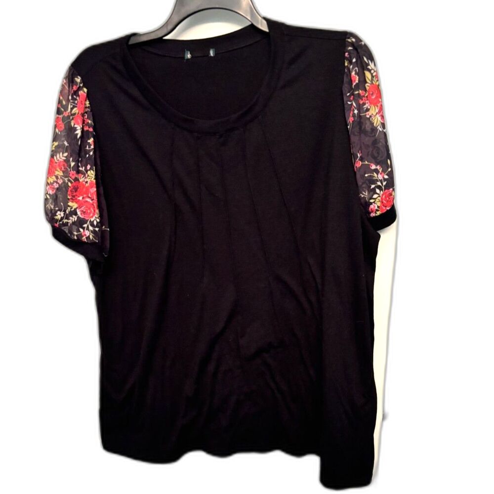 Black Pleated Front Top w/ Floral Sheer Puff Sleeves |  Blouse Size XL/XXL